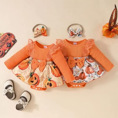 stylesilove Infant Baby Girl Orange Pumpkin Long Sleeve Lace Romper Dress & Bow Headband 2pcs Halloween Clothing Set