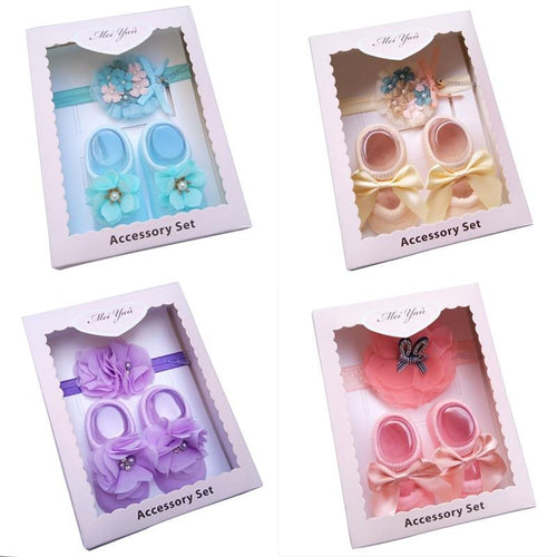 Baby Newborn Solid Color Lace Baby Bowknot Socks & Princess Cute Baby Socks Hair Band Set FOr Girls Baby In Modern Design