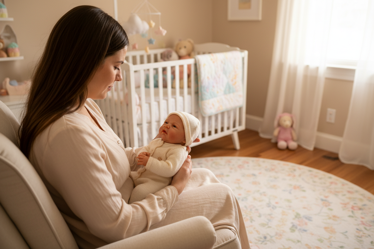 Nursery with woman rocking a reborn doll